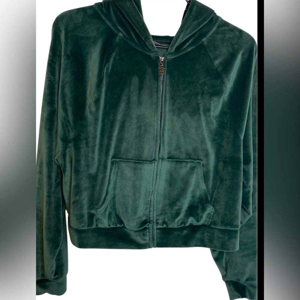 VICTORIA’S SECRET EMERALD GREEN VELOUR PLUSH CROP ZIP HOODIE XL SOFT VELVET - Picture 3 of 12